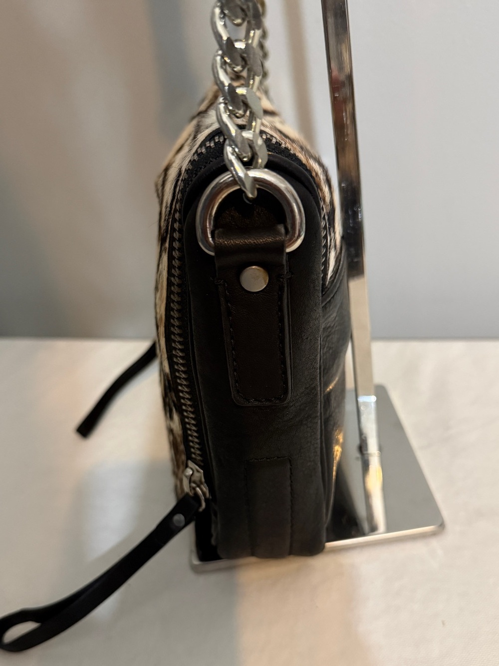 Zara Basic Hair on Hide Leather Black Cream Leopard Print Cowhide Crossbody Bag - Picture 5 of 16